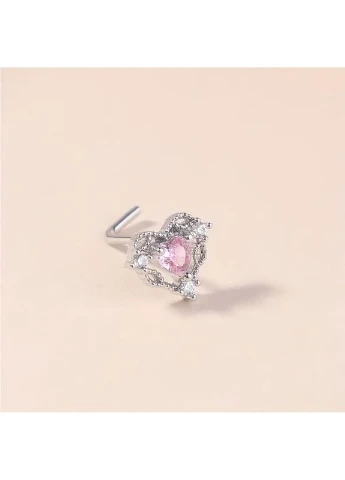 Серьга серебристая сердце с сердцем посередине и розовым фианитом для пирсинга носа OrnatusDivinus363 Liresmina Jewelry (402249432)