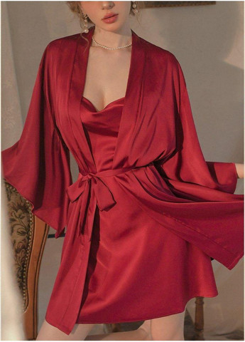 Комбінована всесезон піжамний комплект анжеліка атласний халат + сорочка з глибокою спинкою. бретелі регулюються. No Brand