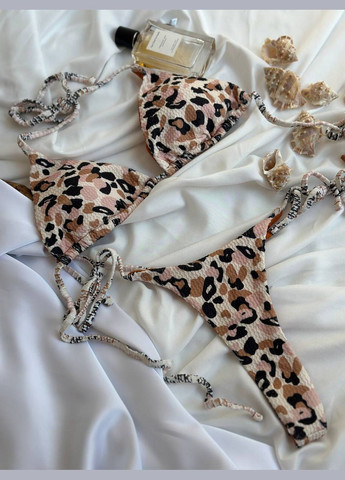 Бежевый женский раздельный жатый купальник со стрингами leopard luxe леопардовый No Brand