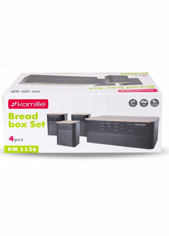 Хлібниця Black&Wood 36х22х20см з дерев'яною кришкою + 3 ємності для зберігання, чорна Kamille (372175349)