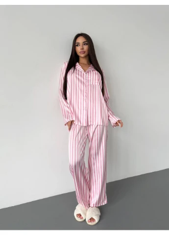 Розовая всесезон женский шелковый костюм для дома в полоску Fashion