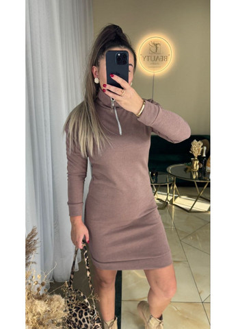 Кофейное базовое ангоровое платье мини кофейного цвета 36023 No Brand однотонное