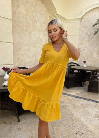 Жовтий коктейльна, повсякденний, джинсова, вечірня, кежуал сукня з жатки «сонячна ніжність» INNOE однотонна