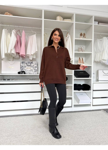 Коричневий демісезонний жіночий светр оверсайз із коміром поло джемпер Україна