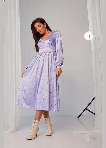 Лиловое платье женское шелковое миди в принт колибри лиловый mkbs2118 Modna KAZKA