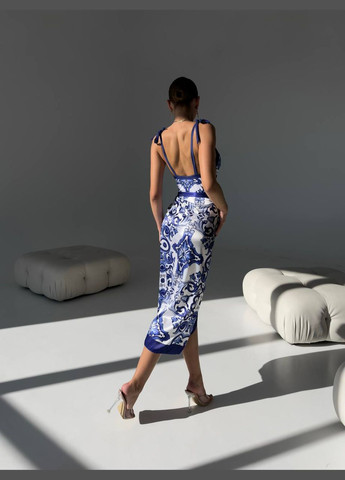 Синий летний идеальный сплошной купальник с парео слитный Vakko