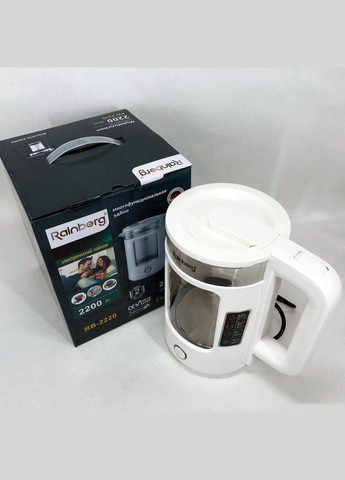 Електрочайник RB-2220 скляний дисковий прозорий. Чайник із підсвічуванням 2200 Вт. Колір: білий Rainberg (364664920)