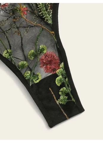 Чорний демісезонний звабливий комплект білизни з вишивкою на сіточці spring, комплект жіночої білизни з трусиками бразильськими No Brand комплект білизни з вишивкою на сіточці Spring чорний