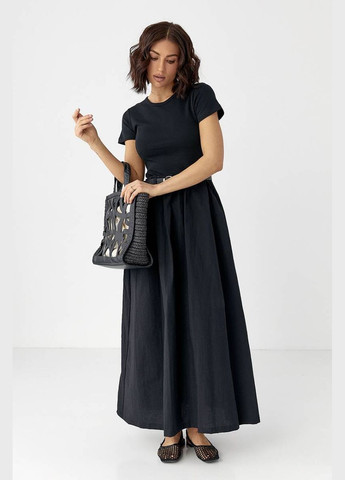 Черное женское длинное платье с поясом Lurex