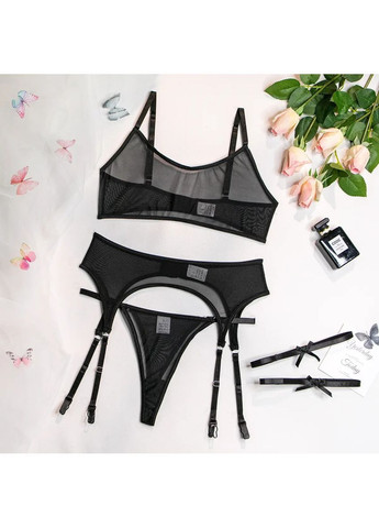 Черный демисезонный кружевной комплект с поясом. прозрачный кружевной бюстгальтер, трусики и пояс. роскошное бельё No Brand