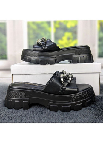 Черные шлепанцы женские эко-кожа на платформе Mengfuna