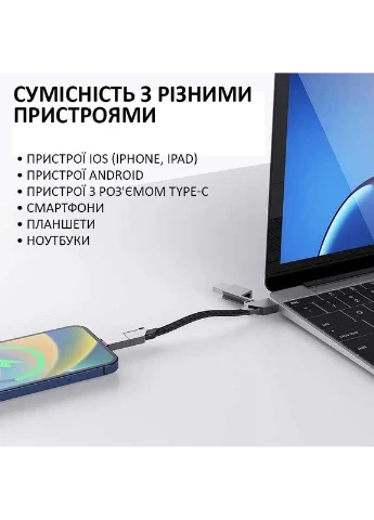 Кабель Type-C to Type-C с переходниками USB+Lightning/4 в 1/QC3.0 PD/60W/15cm Grey No Brand (322567028)