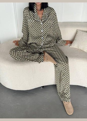 Элегантный стильный костюм в пижамном стиле а нежном оливковом цвете, принтованный прогулочный костюм No Brand 205 (292311281)