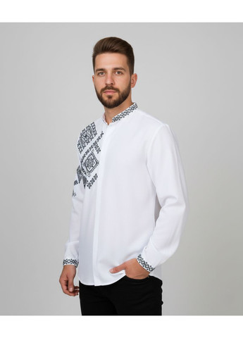 Белая мужская вышиванка на пуговицах заграва черная НоКо узор орнамент прямой, свободная хлопок (370685337)
