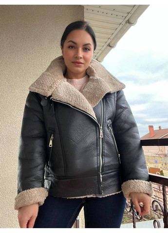 Дубленка женская 243 средней длины из экокожи на молнии с мехом черная AFTF BASIC (316035525)