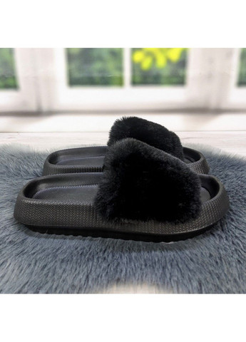 Черные шлепанцы женские меховые на пенковой подошке Fashion