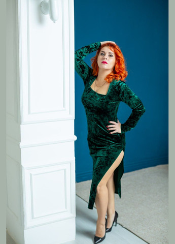 Зелена повсякденний, святковий, вечірня masoli велюрова сукня міді футляр No Brand однотонна