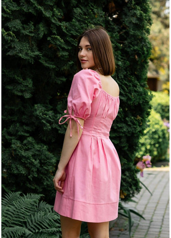 Рожева сукня лляна міні зі складками по таліїї рожева Bessa