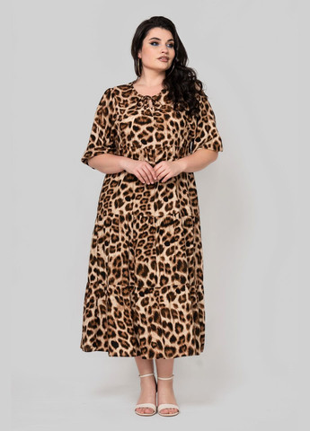 Коричневое повседневный женское платье прямого силуэта с горловиной-капелькой с завязкой на шнурок all posa (ap102345p) A'll Posa