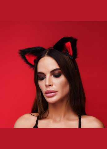 Меховые ушки кошки с бантиком, Черные с красным, Черный OKOVA (315149152)