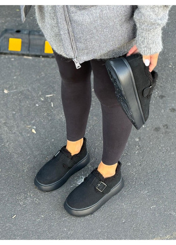 Женские черные зимние низкие угги натуральная замша на меху высокая подошва автоледи лоферы No Brand (372128308)