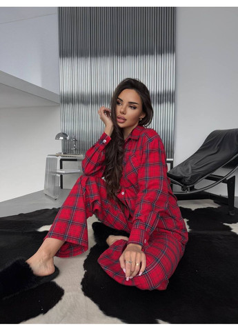 Красная женская фланелевая пижама в клетку рубашка + брюки No Brand С832/833-806/2
