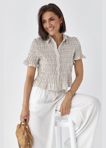 Кофейная полосатая блуза с эффектом жатки Lurex