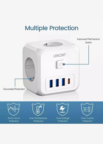 Мережевий фільтр, трійник | 3 розетки | 3 USB порта | 1 Type-С | швидка зарядка Lencent (354224346)