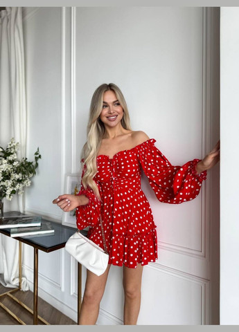 Красное повседневный, праздничный женское мини платье в горошек клеш, с открытыми плечами Style Point в горошек