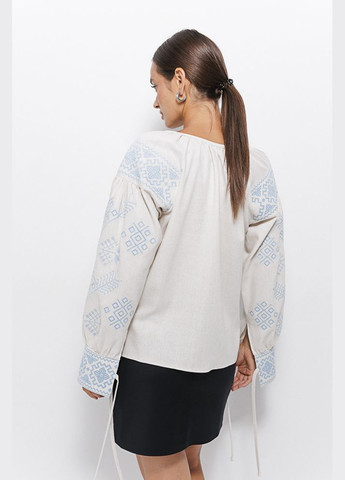 Бежева жіноча вишиванка молочна з бежевою геометрією гладдю і завязками на манжетах Arjen льон (304251353)