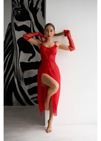 Пеньюар довгий + трусики, мереживо, розріз спереду / Комплект: червоний довгий пеньюар та трусики, прозорий, святковий, е No Brand (366571639)