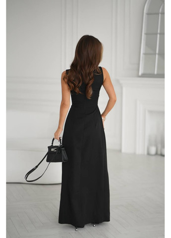 Черное праздничный, вечернее женское платье макси с высоким разрезом и кружевной вставкой на ноге MonCher