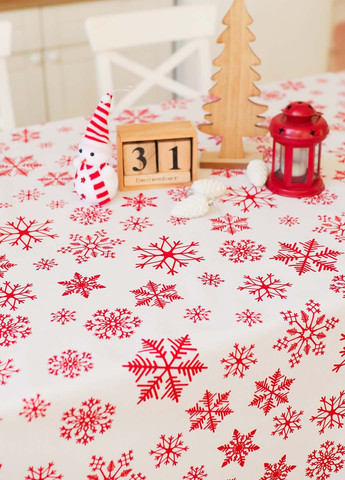 Новогодняя скатерть хлопковая "Снежинки красные (на белом)" 1.5м х 2.2м (раскладной стол) Homedec - (366734896)