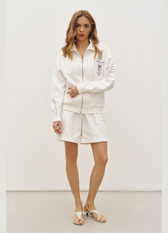 Молочный женская кофта оверсайз на молнии с вышивкой rica mare mkrm4251-1 Modna KAZKA (336931921)