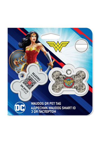Адресник для собак і котів металевий Smart ID з QR паспортом, малюнок "Чудо-жінка 2", кістка, Д 40 мм, Ш 28 мм WAUDOG (363198529)