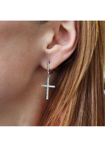 Срібні сережки з Підвіскою Хрести з Білим камінням срібло 925 проби Родоване 53103р 3.70г No Brand (306741704)