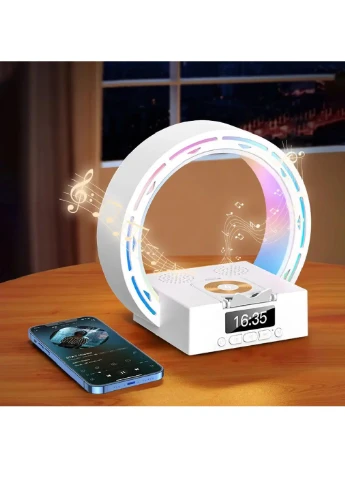 Акумуляторний нічник з FM-радіо бездротовою зарядкою годинником Bluetooth підключенням слотом для SD (480440-Prob) Білий Unbranded (335419102)