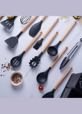 Набор кухонных принадлежностей на подставке 19 штук из силикона с бамбуковой ручкой, черный No Brand (290704493)