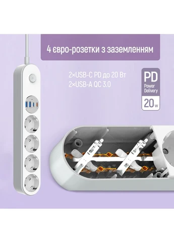 Фільтр живлення CW-CHE44PDW 4 розетки, 4USB (Type-C PD20W + 3USB QC3.0) (45W), 2 м, White Colorway (395010823)