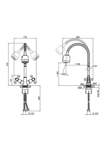 Смеситель для кухни Lamb 274F двухвентильный с гибким изливом LDLAM274FCRM35074 Chrome LIDZ 271F-4 (346492208)