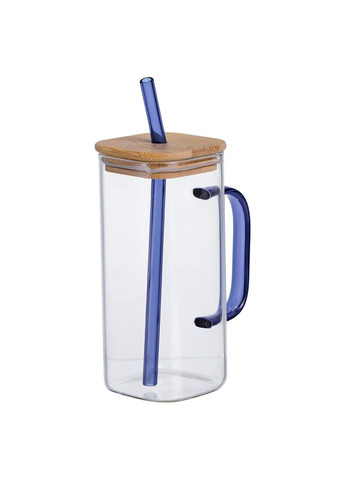Чашка стеклянная 400 мл с бамбуковой крышкой и синей трубочкой HP-19-146BL Yiwu (370269264)