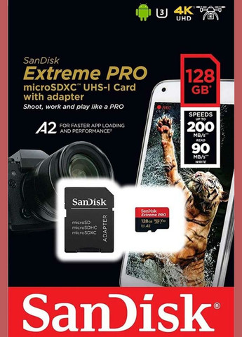 MicroSDXC (UHS-1 U3) Extreme Pro A2 128Gb class 10 V30 (R200MB/s,W90MB/s) (adapter) SanDisk (315350577)