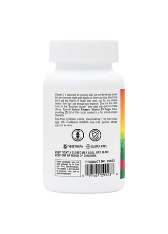 Вітаміни та мінерали Animal Parade Vitamin D3 Sugar-Free, 90 жувальних таблеток Вишня Natures Plus (315872150)