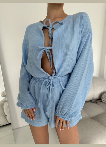 Голубая женская пижама муслин рубашка + шорты No Brand
