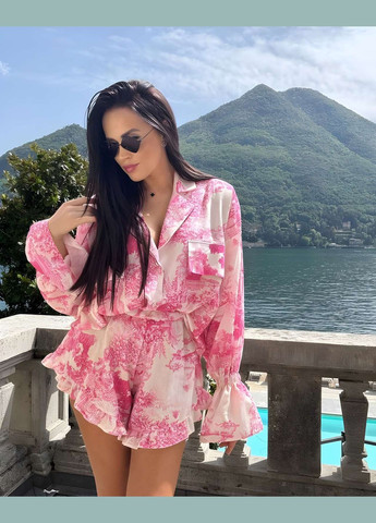 Жіночй літній рожевий блакитний костюм костюмчик двійка сорочка і шорти шортики піжамний стиль No Brand (333143166)