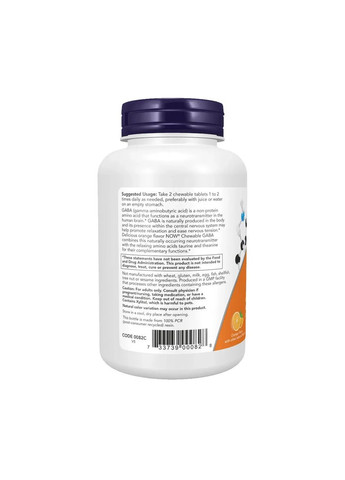 ГАМК гамма-аміномасляна кислота GABA 250 мг 90 жувальних таблеток Now Foods (361116335)