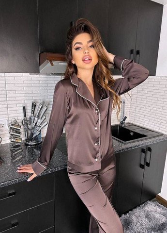 Коричнева всесезон шовковий піжамний комплект для сну та дому, піжама двійка жіноча з шовку No Brand