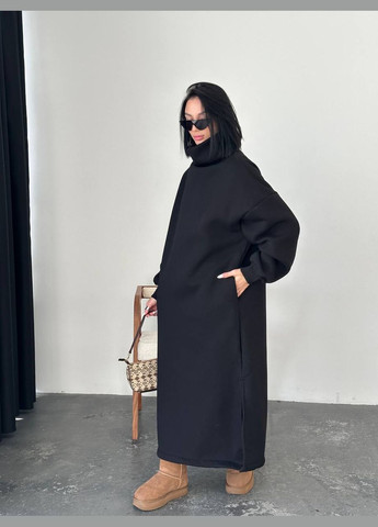 Чорна повсякденний, кежуал, джинсова жіноча сукня оверсайз з тринитки з начесом і високим коміром InFashion однотонна