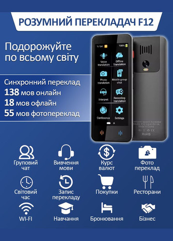 Голосовий електронний перекладач AI F12, 138 мов онлайн, 18 мов офлайн, фото переклад Grey No Brand (322707368)