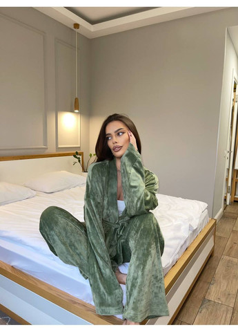 Фисташковый зимний женский домашний комплект оверсайз: кимоно и палаццо MonCher